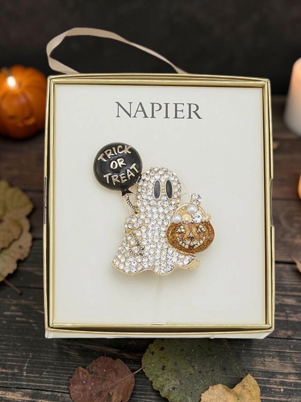 NAPIER Ghost Pumpkin Brooch Halloween Rhinestone Trick or Treat New in Box